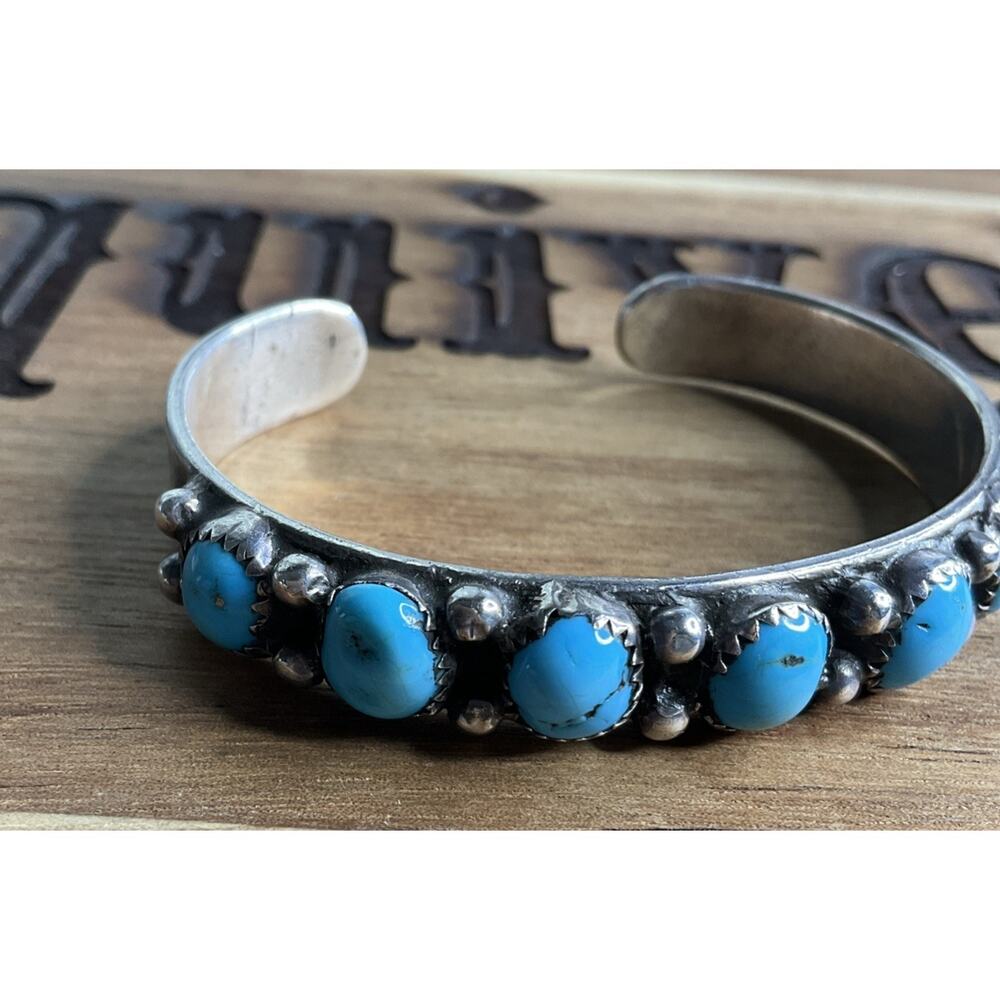 Sterling Silver Turquoise Cluster Cuff Bracelet Southwestern Native Style 925 - Picture 3 of 6